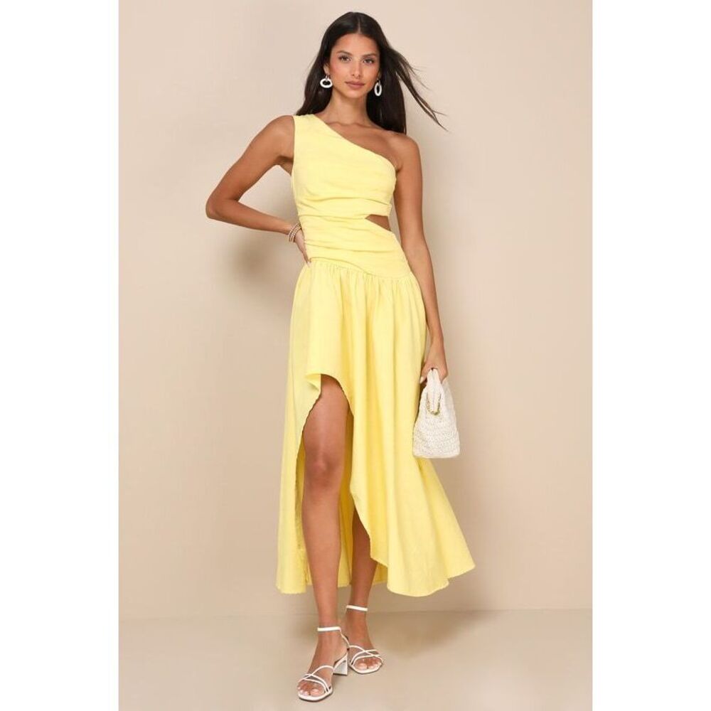 Lulus Sunny Persuasion Yellow Linen Cutout One-shoulder Midi Dress - Size M